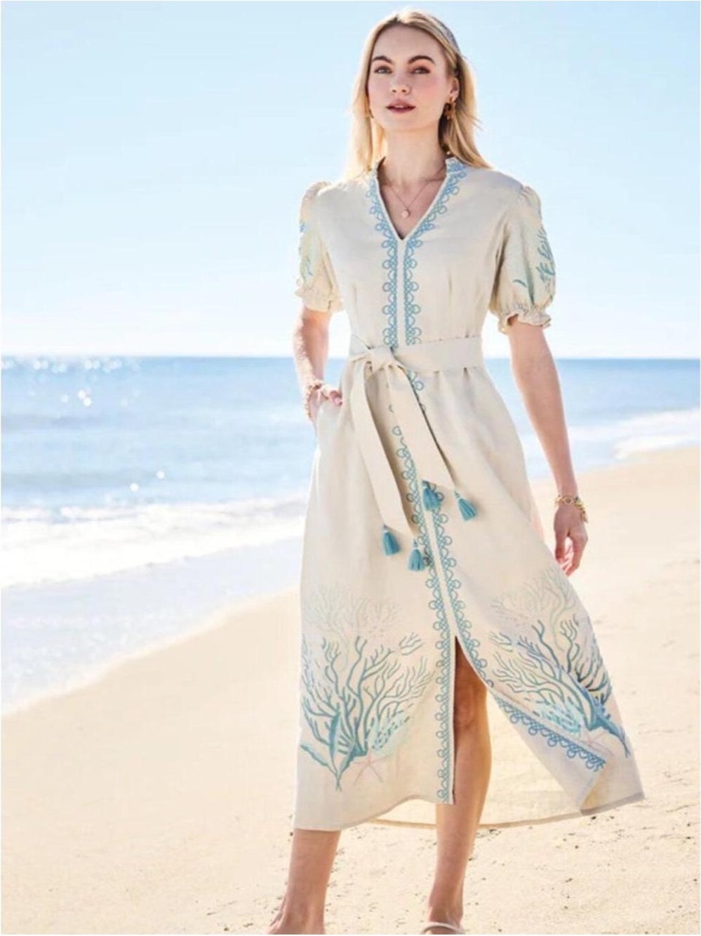 Spartina 449 Cream Dress with Blue Embroidery